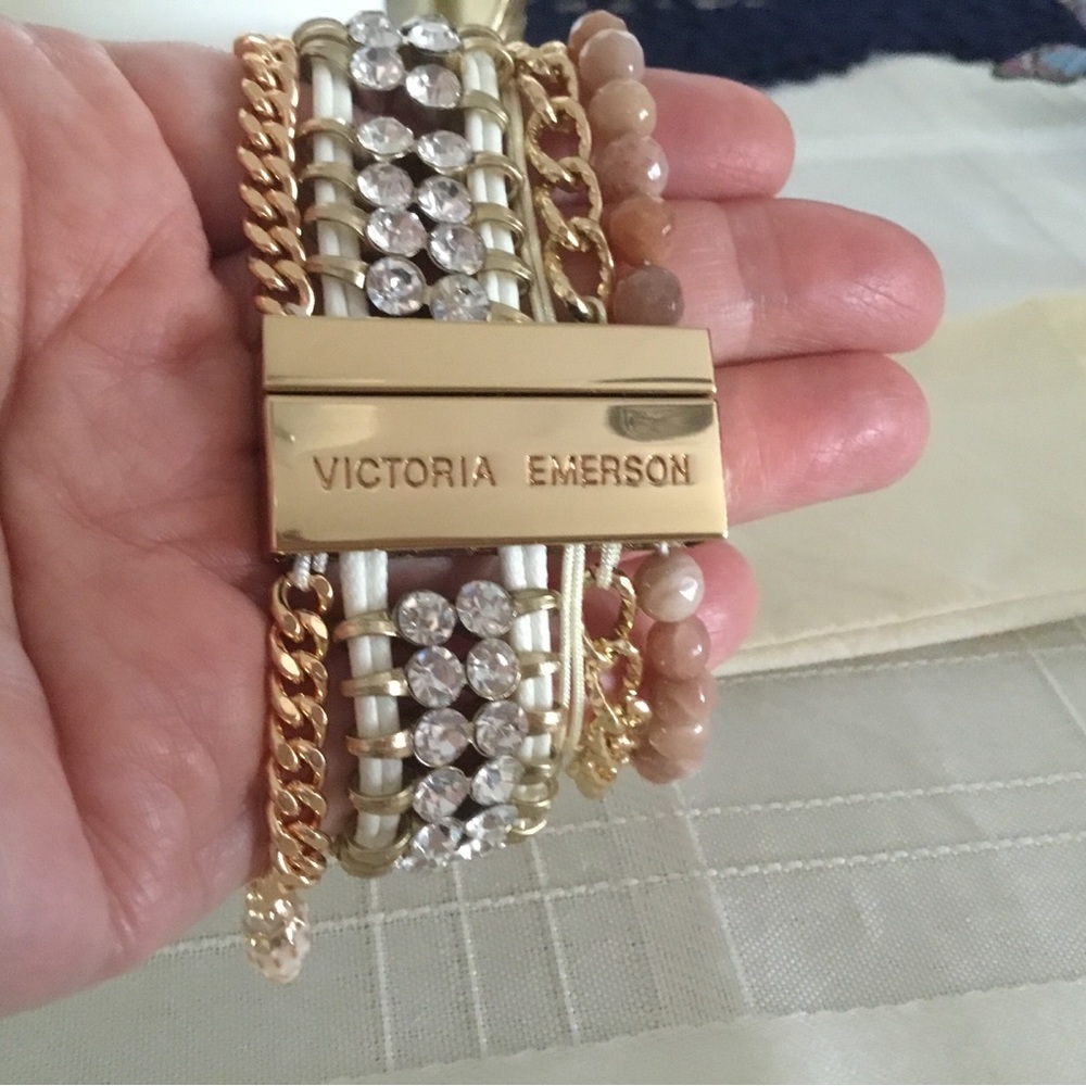 Victoria Emerson Gold and Cream Beaded Multi-Strand Bracelet with Crystals